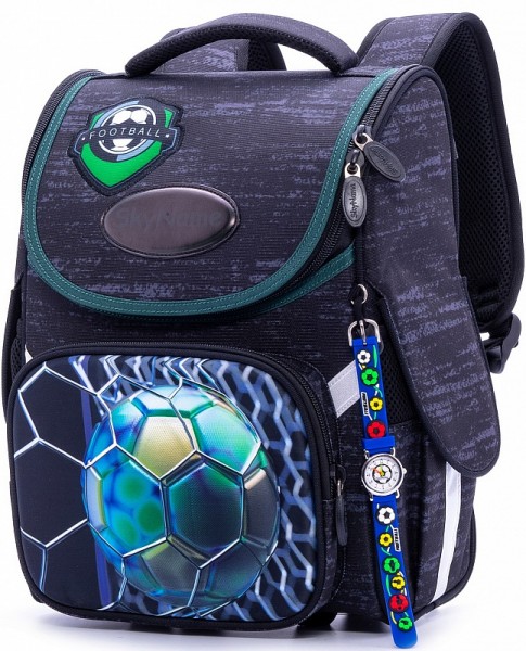 Школьный ранец SkyName 2069 Футбол черный/зеленый + часы 