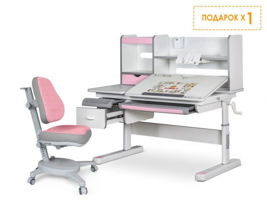 Комплект Mealux Evo парта Florida Multicolor PN + кресло Onyx DPG (EVO-52 W + PN MC + Y 110 DPG) - стол+кресло / столешница белая, накладки розовые и серые