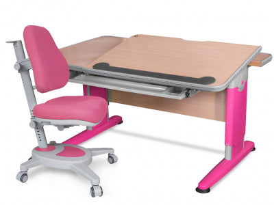 Комплект Mealux парта Detroit + кресло Onyx (BD-320 NT/R-L + Y-110 DPG) - столешница клен / ножки розовые; обивка кресла розовая c серым