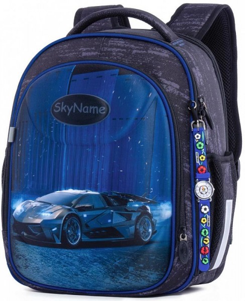 Школьный ранец SkyName R4-408 Машина черный/синий + часы